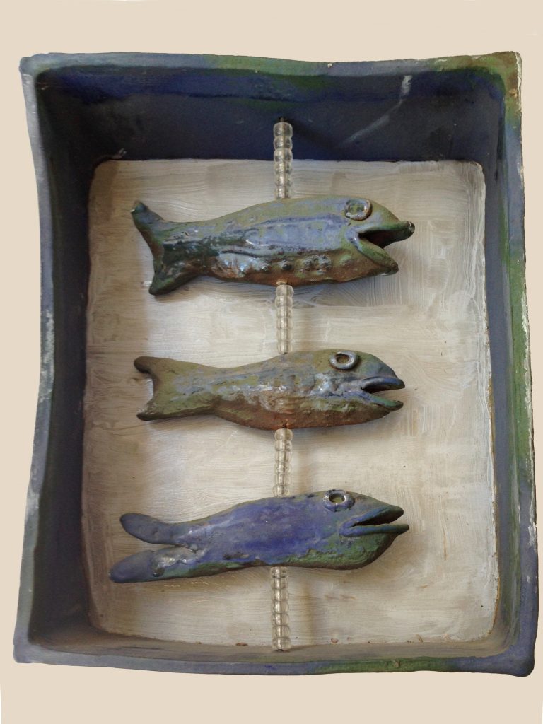 Mary Ann Bowman • <em>Three Fish</em> • Glazed stoneware • 5″×12″×3½″ • NFS