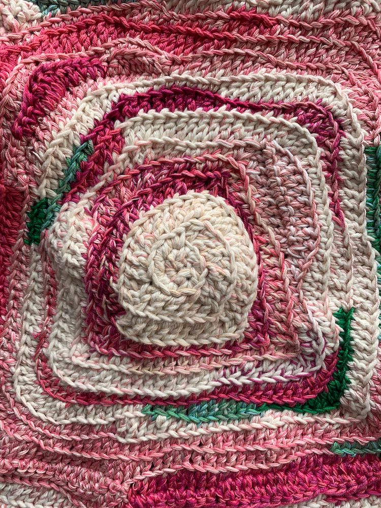 Saundra Goodman • <em>A Rose Deflowered</em> • Hand crochet using cotton threads • 17″×17½″ • $650.00