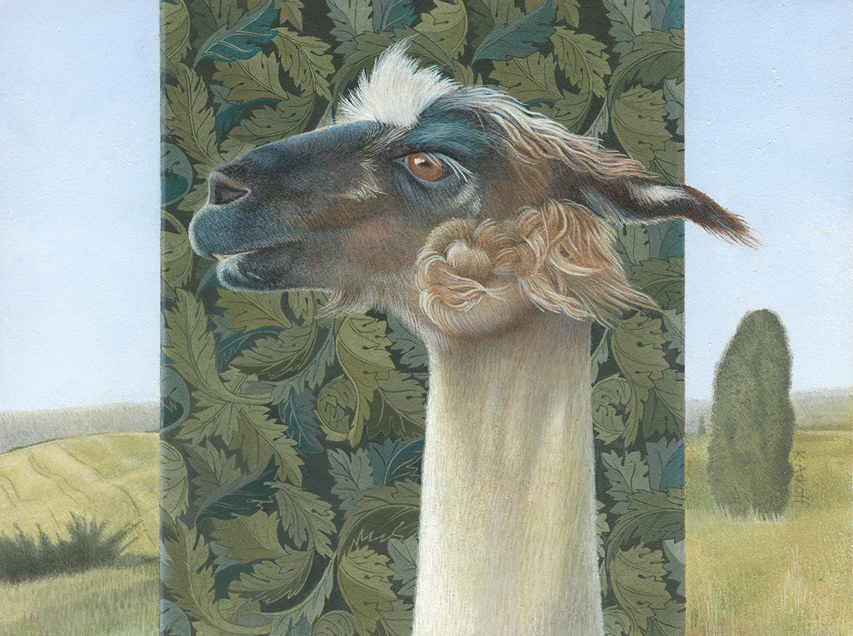 Karen Ackoff • <em>Riatta: Portrait of a Llama</em> • Egg tempura on panel • 8″×6″ • NFS