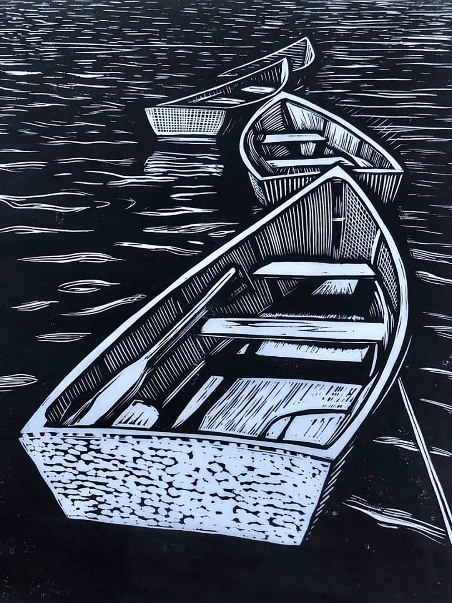 Cynthia Cratsley • <em>Rowboats, Star Island</em> • Linocut • 9″×12″ • $325.00