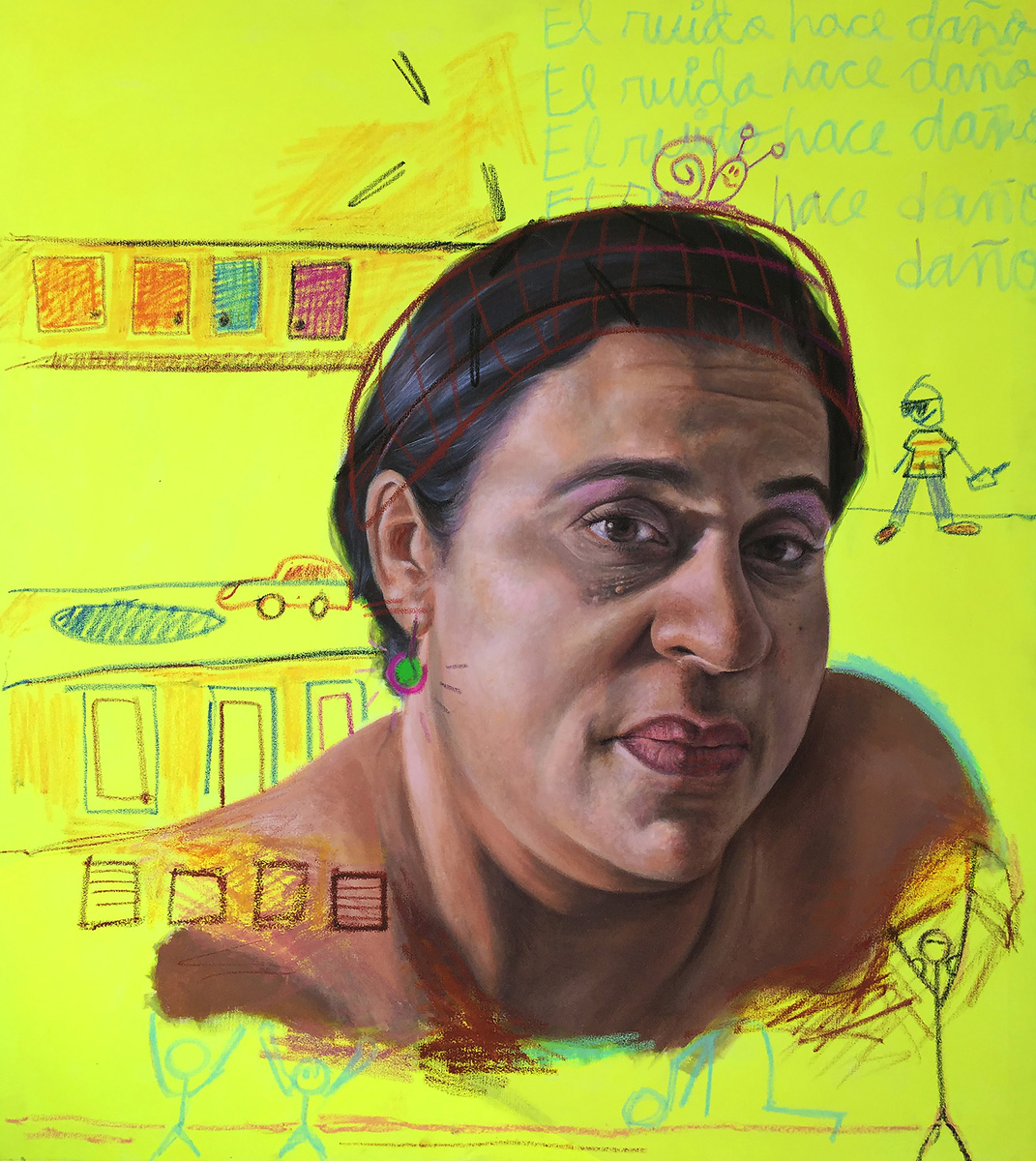 Pedro Troncoso • <em>Casita de Madera</em> • Acrylic and crayon on canvas • 40″×45″ • $1,700.00
