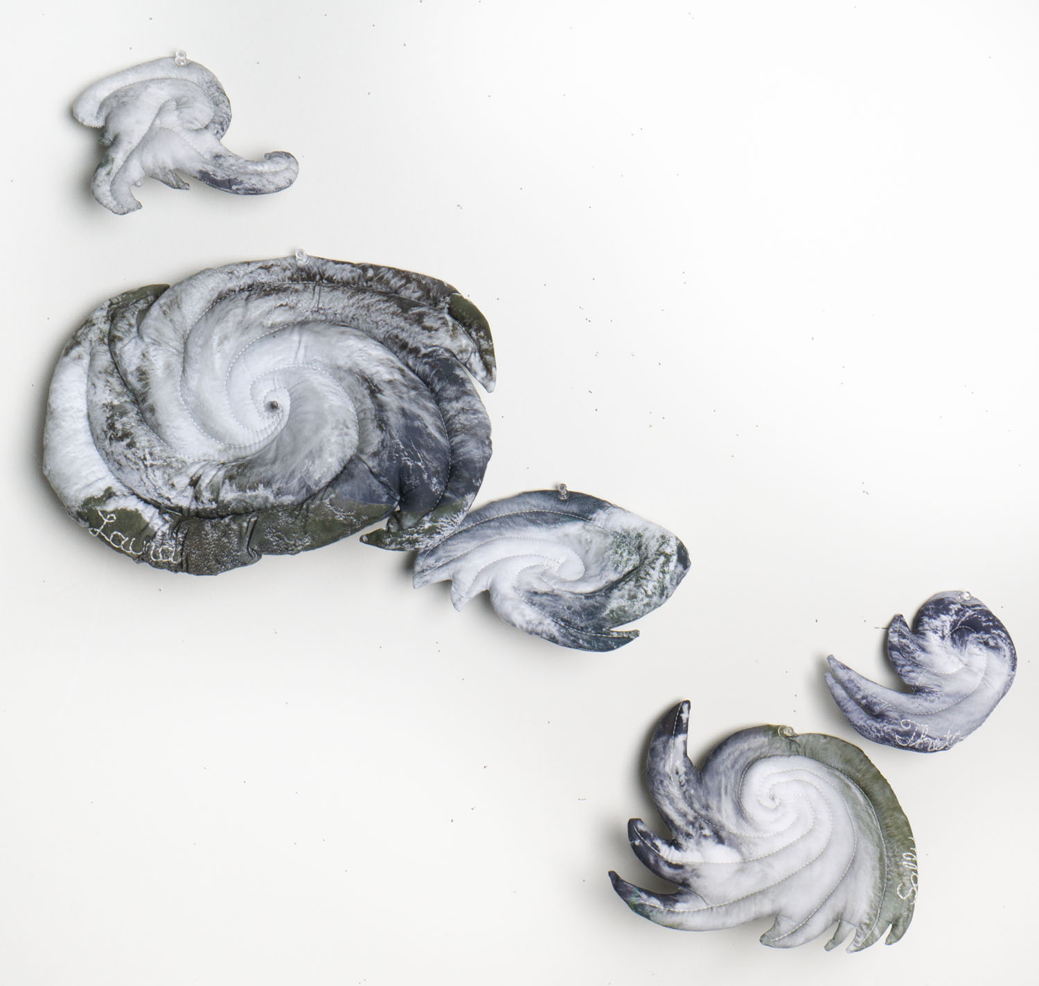 Christine Chin • <em>Stuffed Storms: 2020 Atlantic Tropical Storm Season</em> • Stuffed and quilted archival ink prints on fabric • $2,500.00
