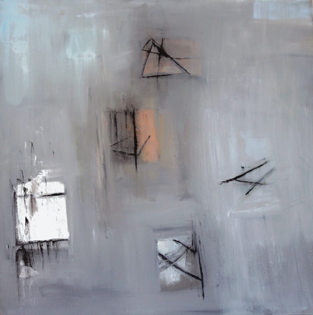 Ethel Vrana • <em>White, Black, Grey and Pink</em> • Oil on canvas • 36″×36″ • $1,240.00