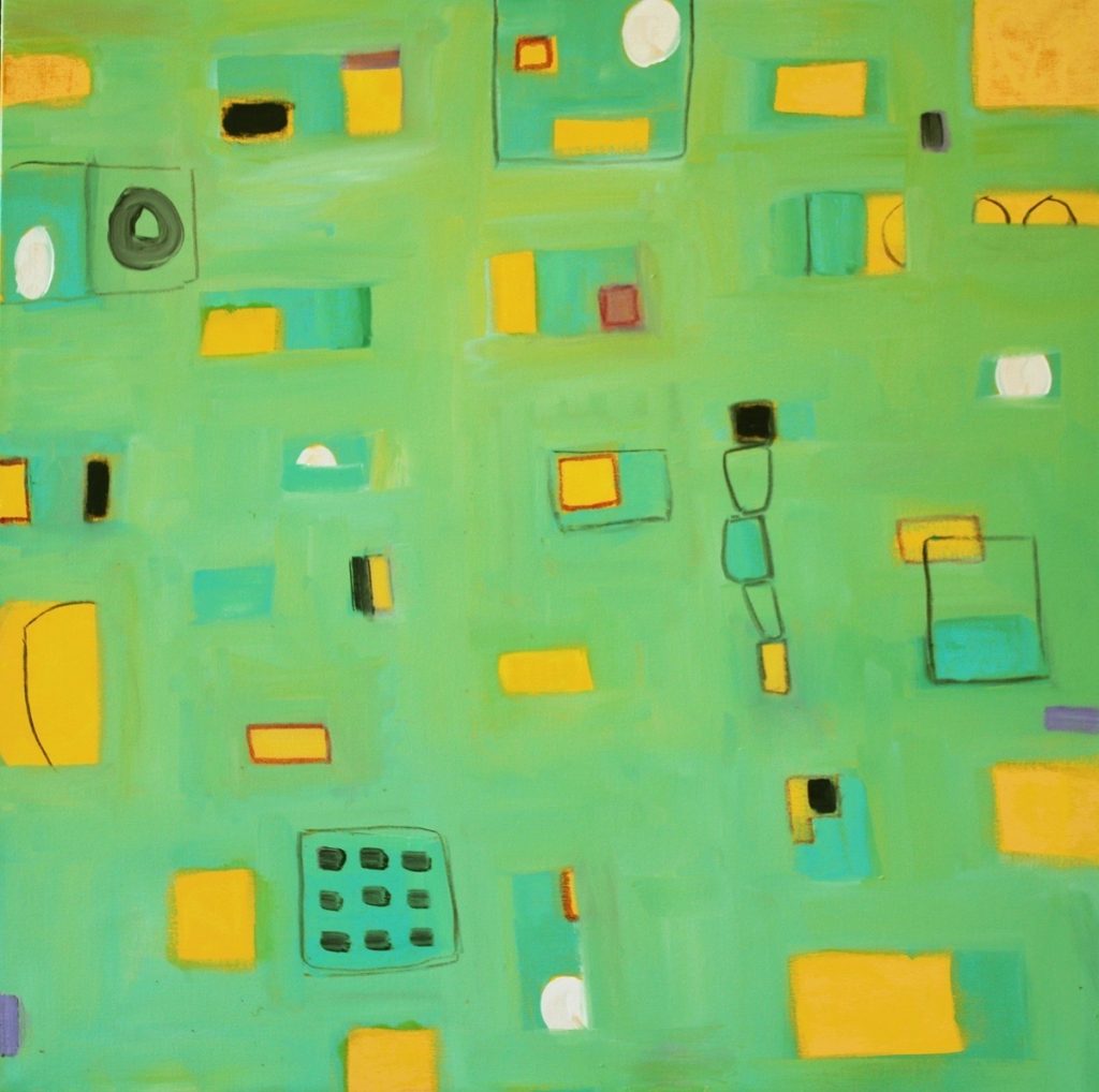 Ethel Vrana • <em>Yellow-orange and Green</em> • Oil on canvas • 36″×36″ • $1,240.00