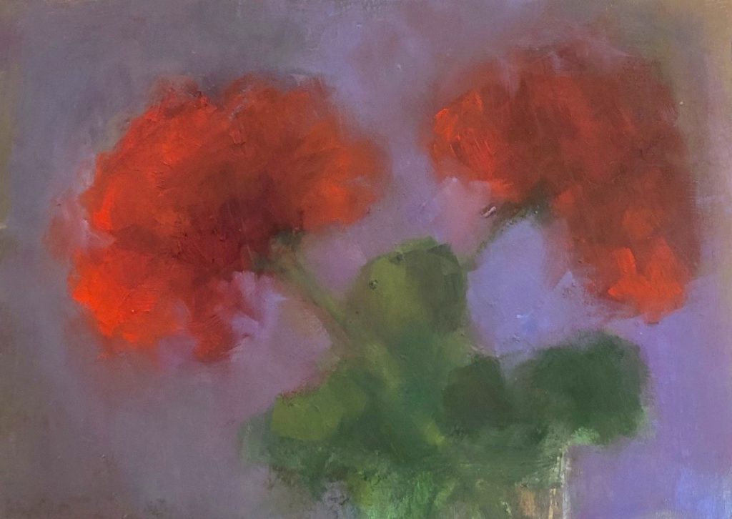 Ileen Kaplan • <em>Two Red Geraniums</em> • Oil on panel • 8″×6″ • $50.00