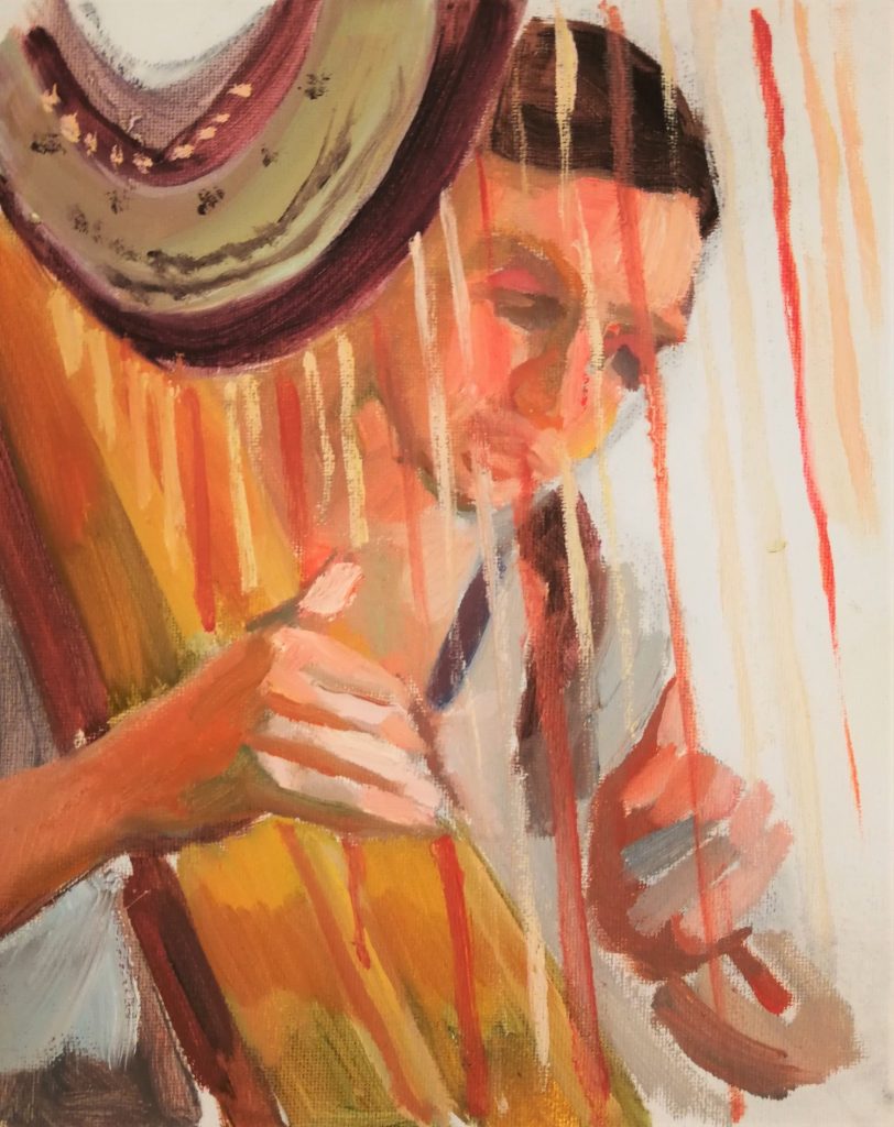 Irina Kassabova • <em>Harp Player II</em> • Oil on canvas • 8″×10″ • $35.00