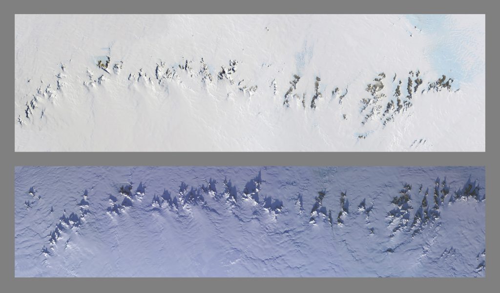 Jay Hart • <em>Queen Maud Land Nunataks</em> • Inkjet prints of Landsat imagery • 59″×31″ • $700.00