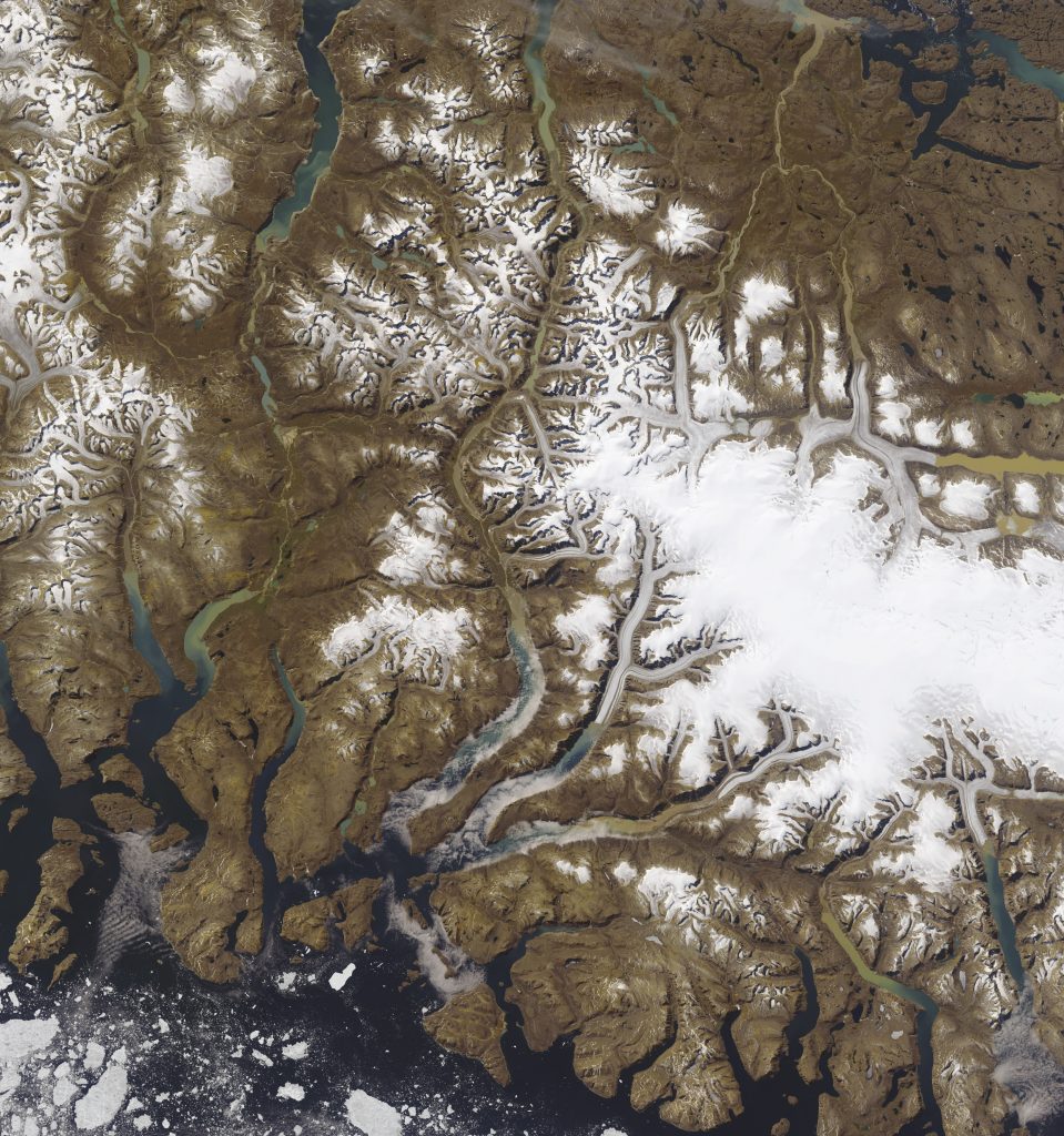 Jay Hart • <em>East Baffin Ranges with Penny Icecap</em> • Inkjet print of Landsat imagery • 39″×42″ • $550.00