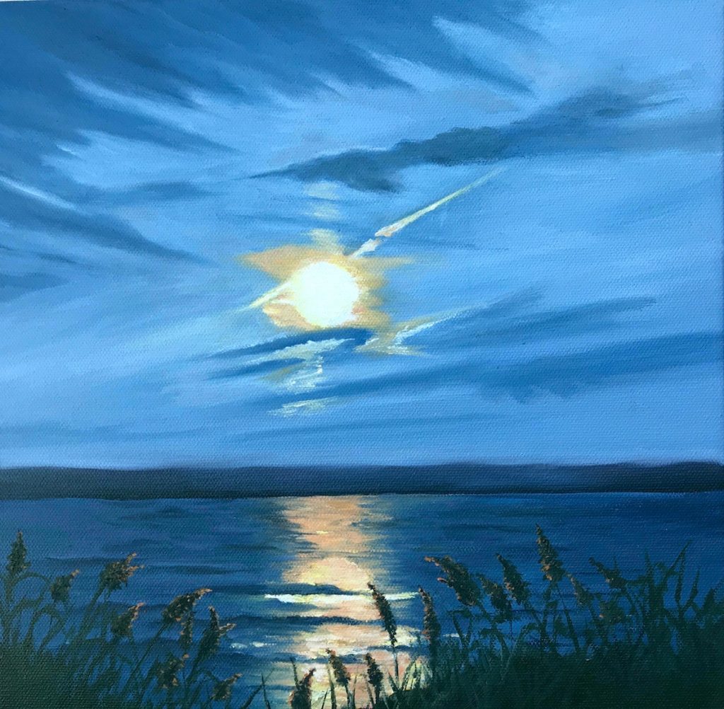 Patty L Porter • <em>Cayuga Moon Rise</em> • Oil on gallery wrapped canvas • 12″×12″ • $300.00