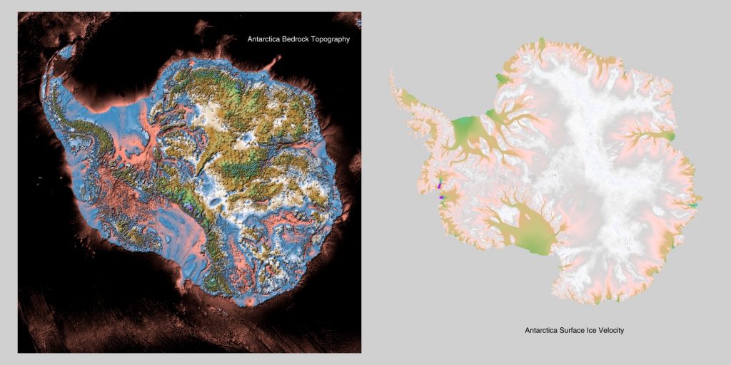 Jay Hart • <em>Antarctica Bedrock Topography and Surface Ice Velocity</em> • Reference science status map • 50″×25″ • NFS