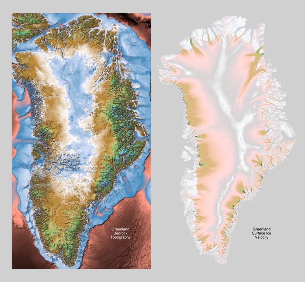 Jay Hart • <em>Greenland Bedrock Topography and Surface Ice Velocity</em> • Reference science status map • 40″×37″ • NFS