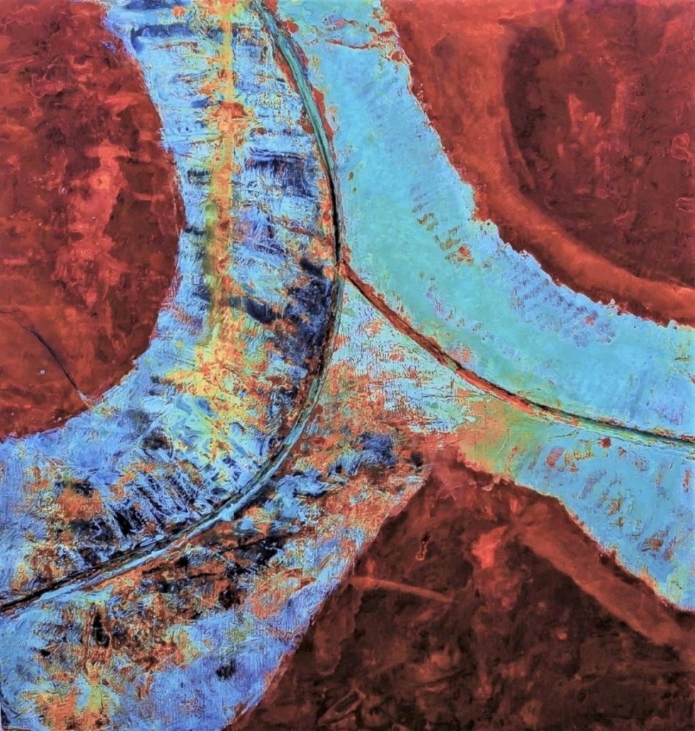 Ed Whitmore • <em>Convergence</em> • Oxidized iron copper and bronze metal effects paint on wood • 36″×36″ • $7,700.00