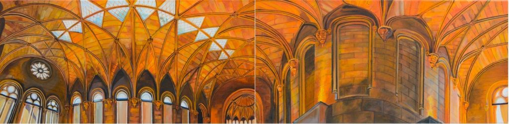 Leanna Yatcilla • <em>Smithsonian Institution (Diptych)</em> • Oil on stretched canvas • 48″×12″×¾″ • NFS