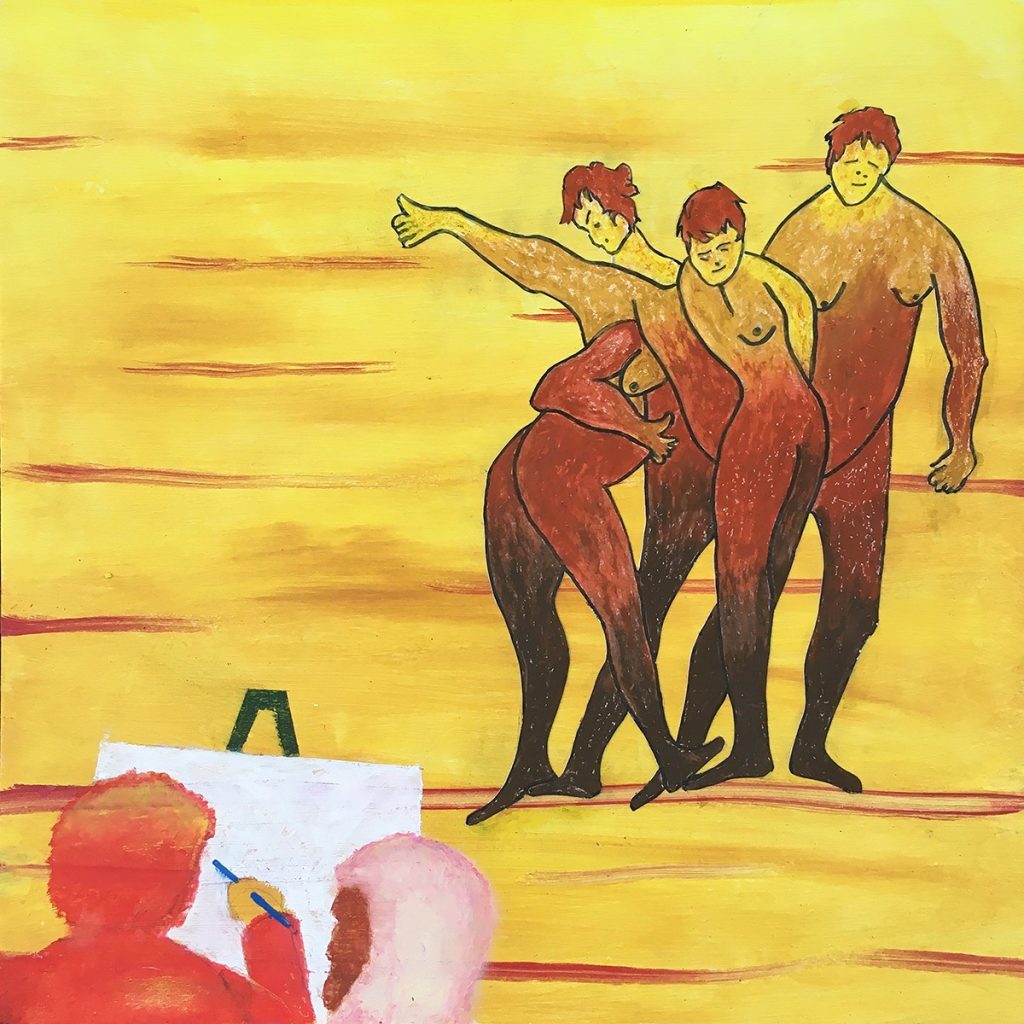 Don Ellis • <em>Moving Model</em> • Acrylic and oil pastel on birch art board • 16″×16″ • $485.00