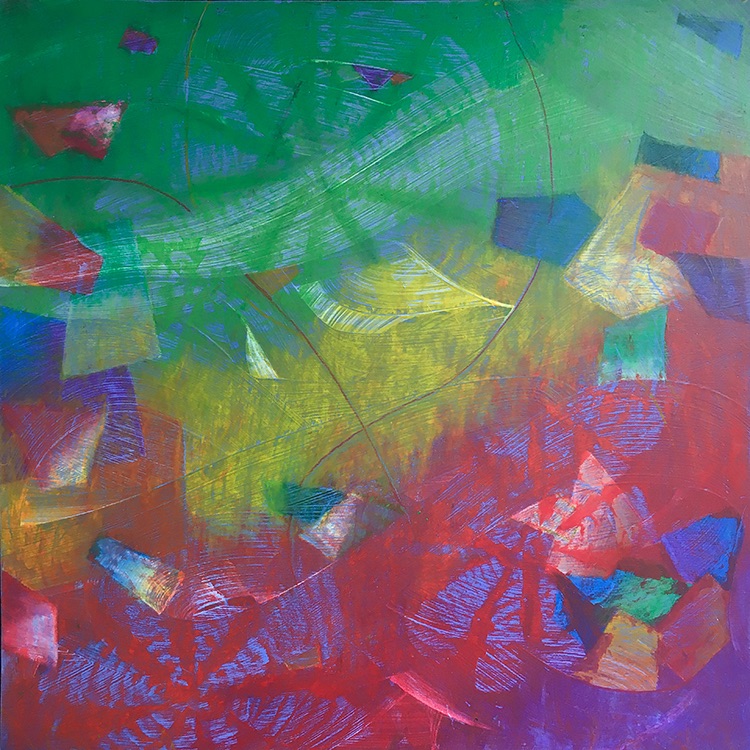 Don Ellis • <em>Party One</em> • Acrylic and oil pastel on birch art board • 16″×16″ • $385.00