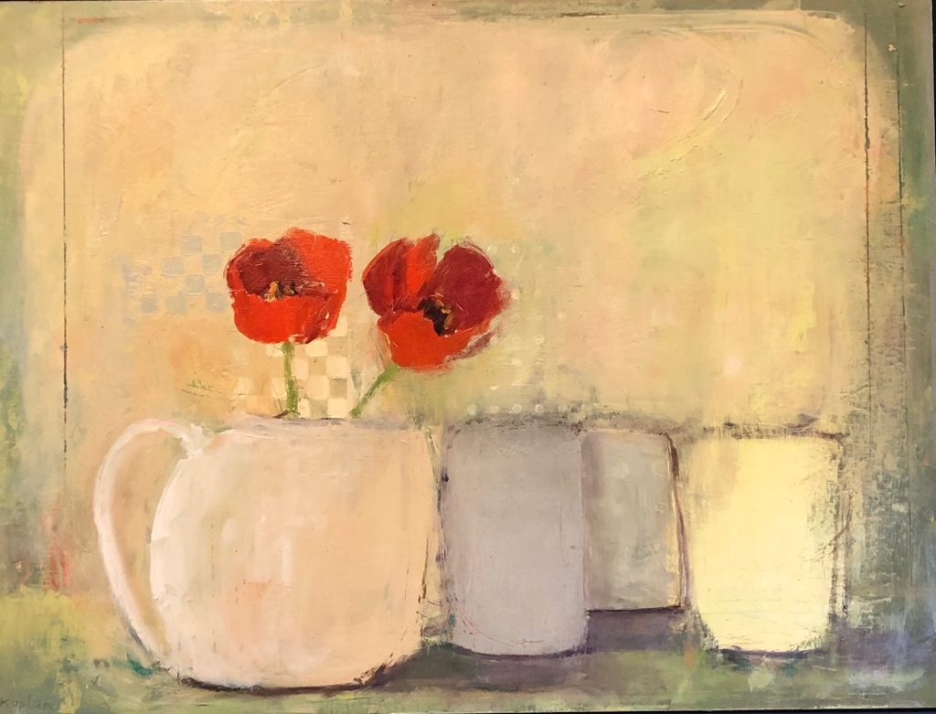 Ileen Kaplan • <em>Flowers on the Kitchen Counter #1</em> • Oil on panel • 18″×24″ • $975.00