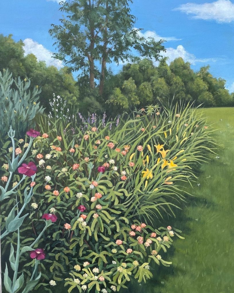 Patty L Porter • <em>On the Way to Marvin’s Pond ~ Spring Border - 2021</em> • Oil on gallery wrapped canvas • 16″×20″ • $550.00