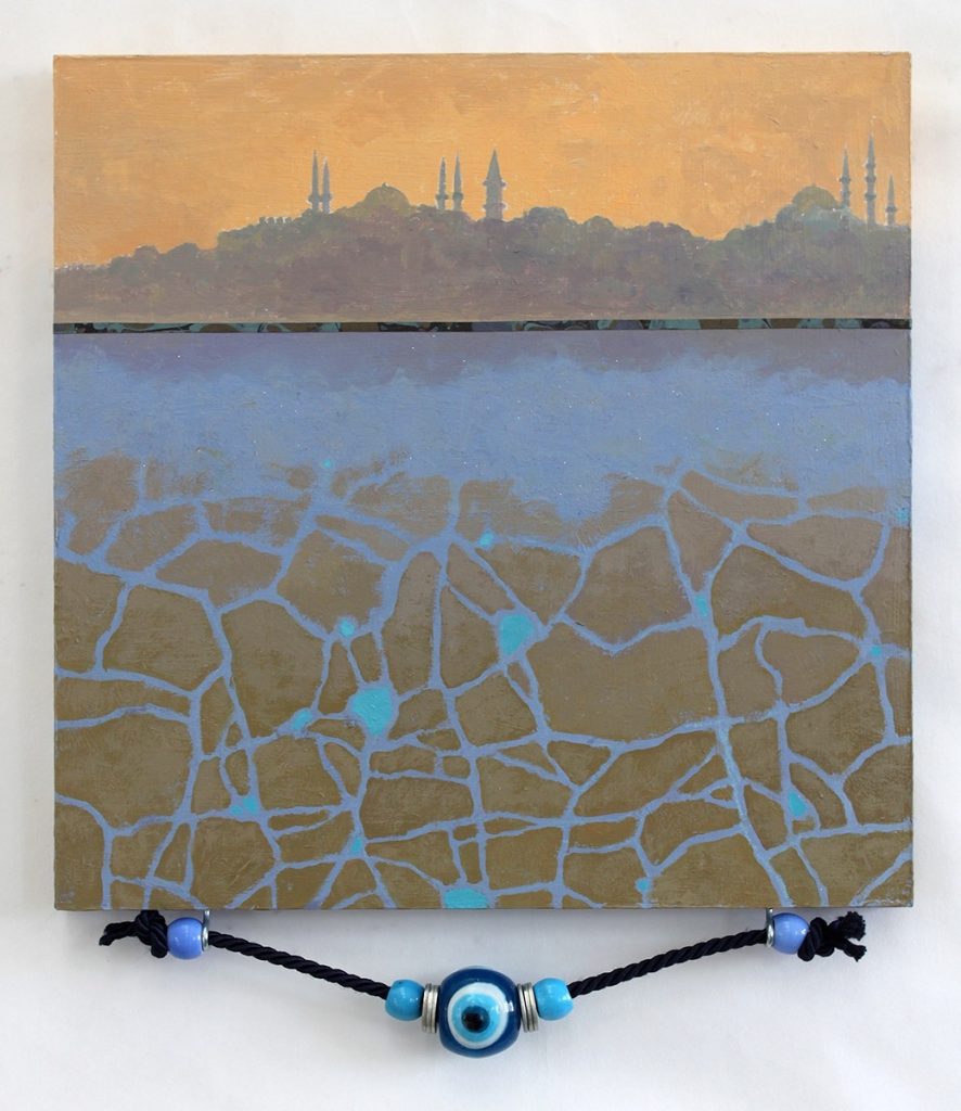 Barbara Page • <em>Istanbul: 7pm</em> • Acrylic, collage, glitter on board with beads and rope • 12″×16″ • $400.00