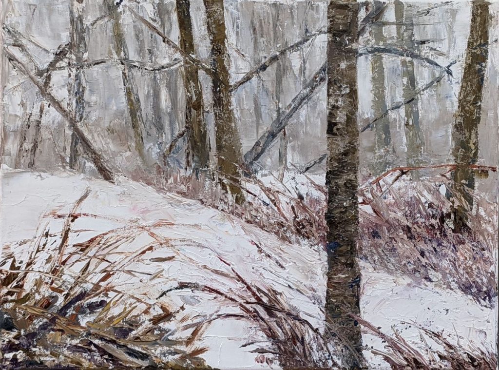 Diana Ozolins • <em>The Last Snowfall</em> • Oil on canvas • 16″×12″ • $400.00<a class="purchase" href="https://state-of-the-art-gallery.square.site/product/diana-ozolins-the-last-snowfall/1054" target="_blank">Buy</a>