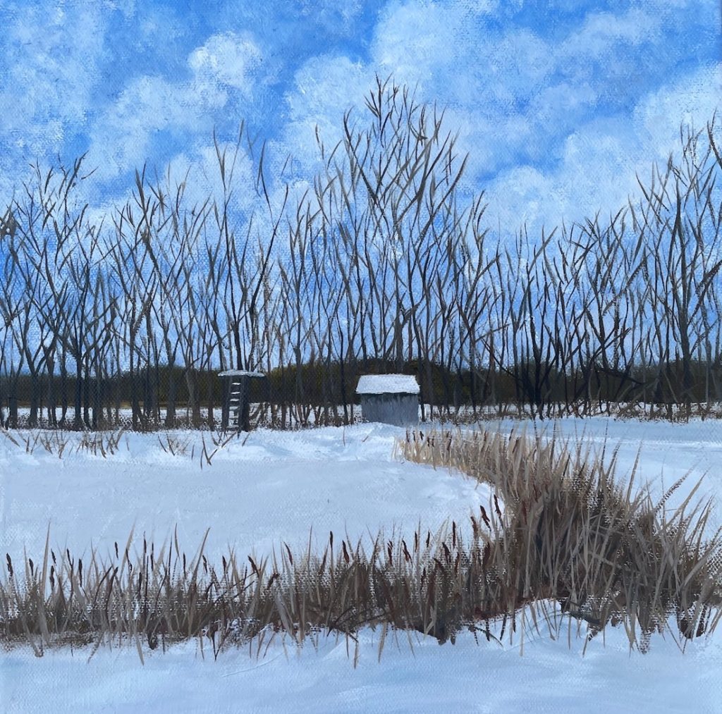 Patty L Porter • <em>Marvin's Pond IV ~ Winter</em> • Oil on canvas  • 12″×12″ • $300.00<a class="purchase" href="https://state-of-the-art-gallery.square.site/product/patty-l-porter-marvin-s-pond-iv-winter/1067" target="_blank">Buy</a>