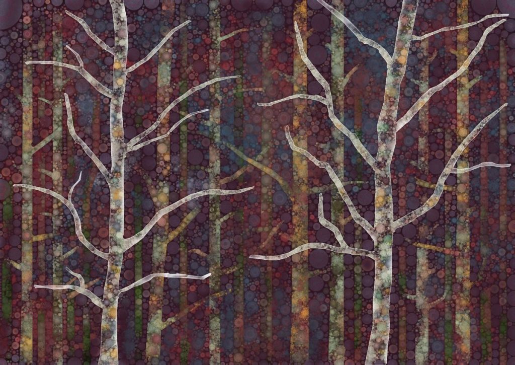 Daniel McPheeters • <em>Woodland Twilight</em> • Mixed media on panel • 24″×17″ • $200.00<a class="purchase" href="https://state-of-the-art-gallery.square.site/product/daniel-mcpheeters-woodland-twilight/1100" target="_blank">Buy</a>