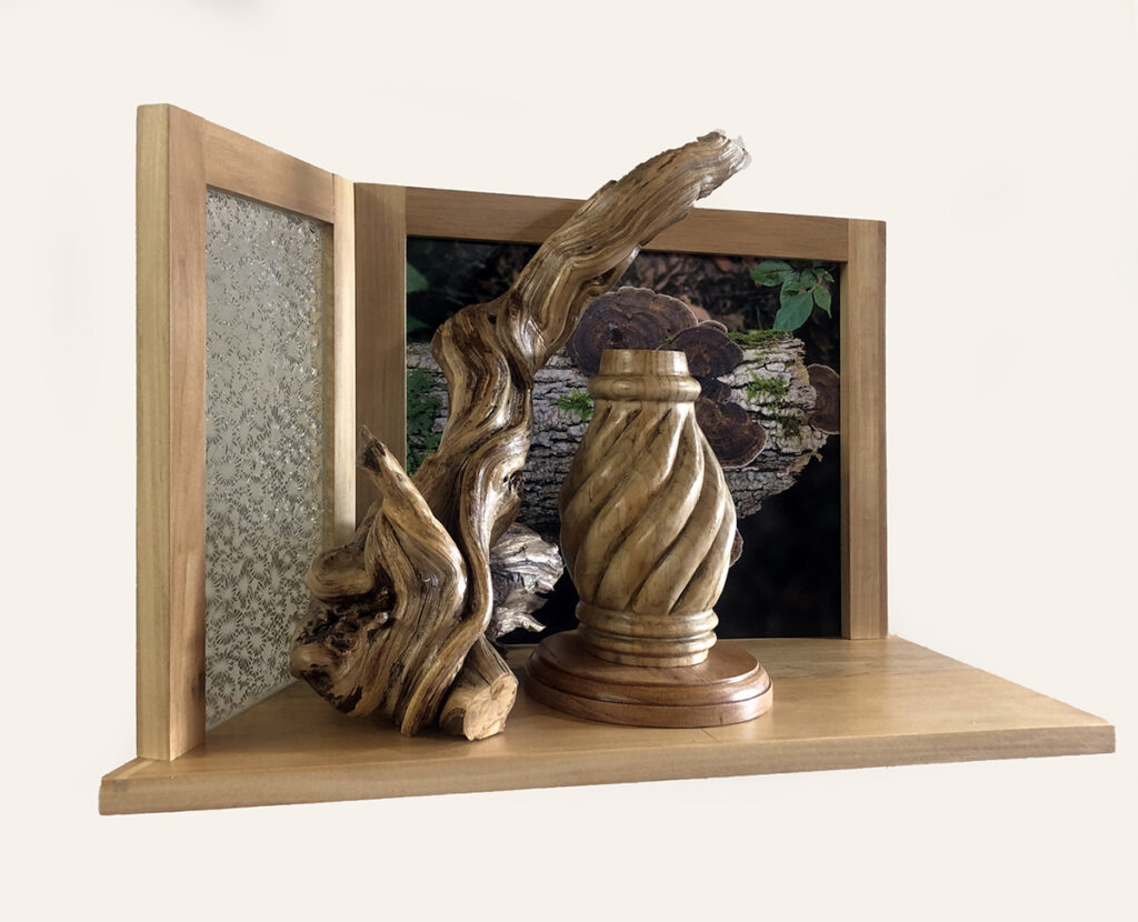 Eva M. Capobianco • <em>Finger lakes Trail, Map 20 - Root, Spiral & Mushrooms </em> • Reused wood, glass & photo • 21″×14″×9″ • $575.00<a class="purchase" href="https://state-of-the-art-gallery.square.site/product/eva-m-capobianco-finger-lakes-trail-map-20-root-spiral-mushrooms/1145" target="_blank">Buy</a>