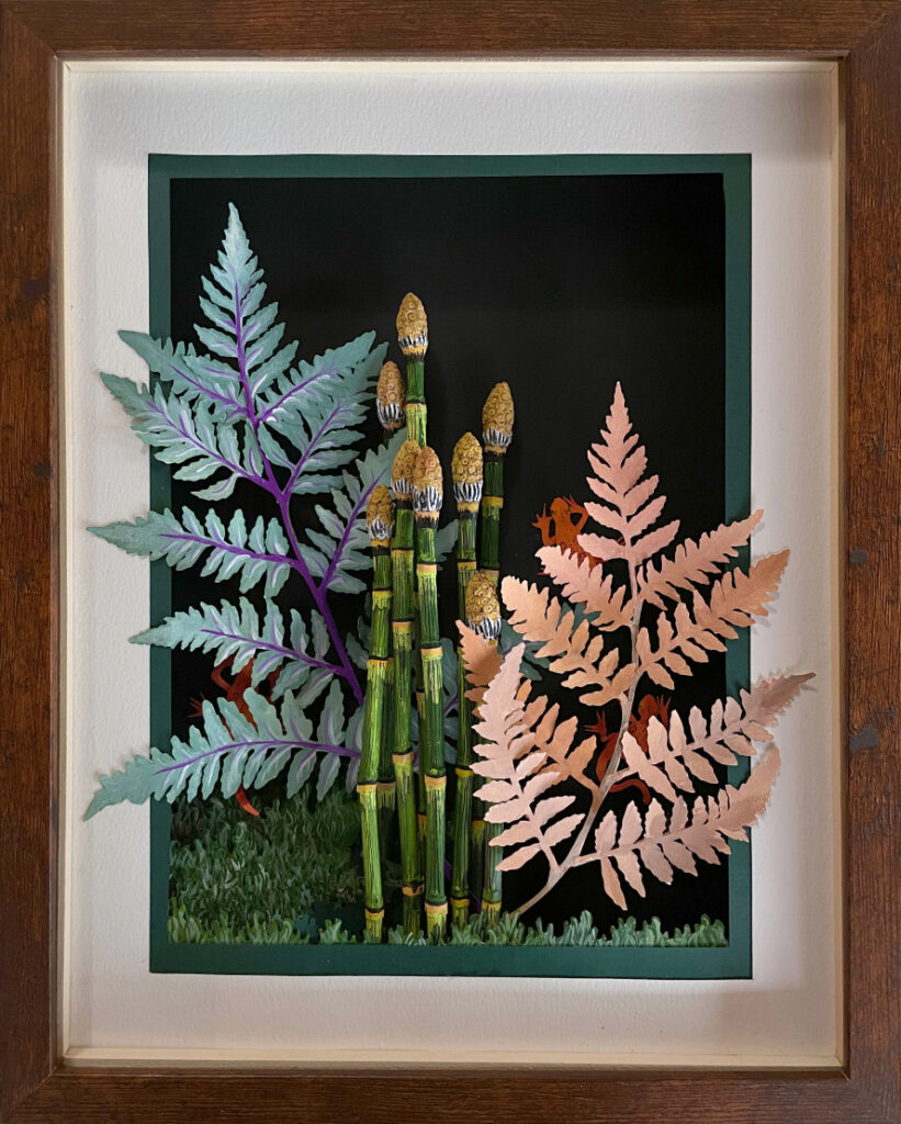 Carla Elizabeth DeMello • <em>A Walk in the Woods</em> • Sculpted paper and gouache • 12″×15″ • $600.00