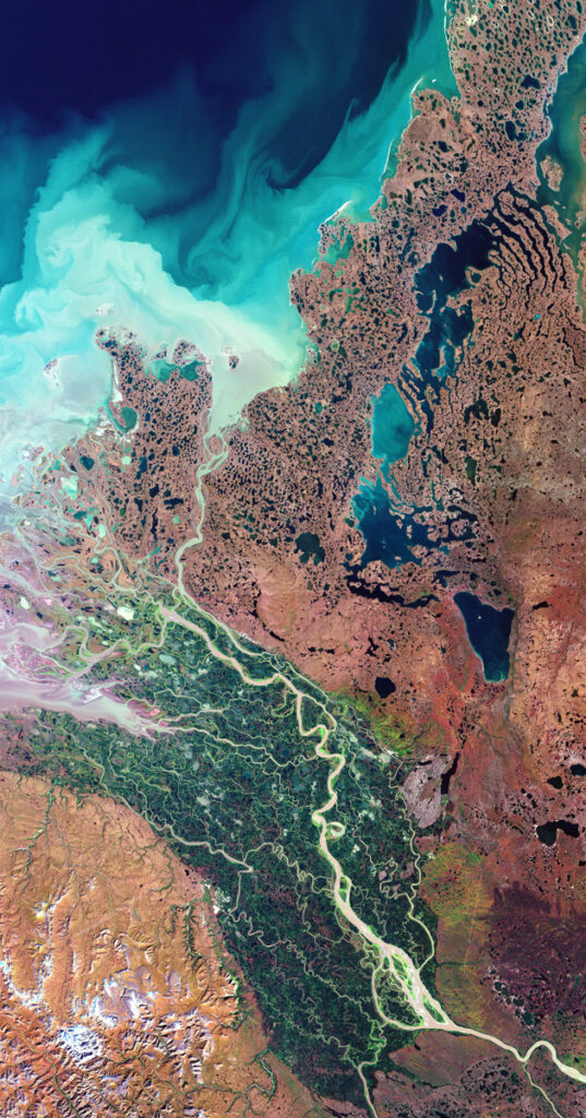 Jay Hart • <em>Briefly Summer (proof), Mackenzie Delta, NW Territories</em> • Natural color Landsat imagery • 19″×31″ • $300.00