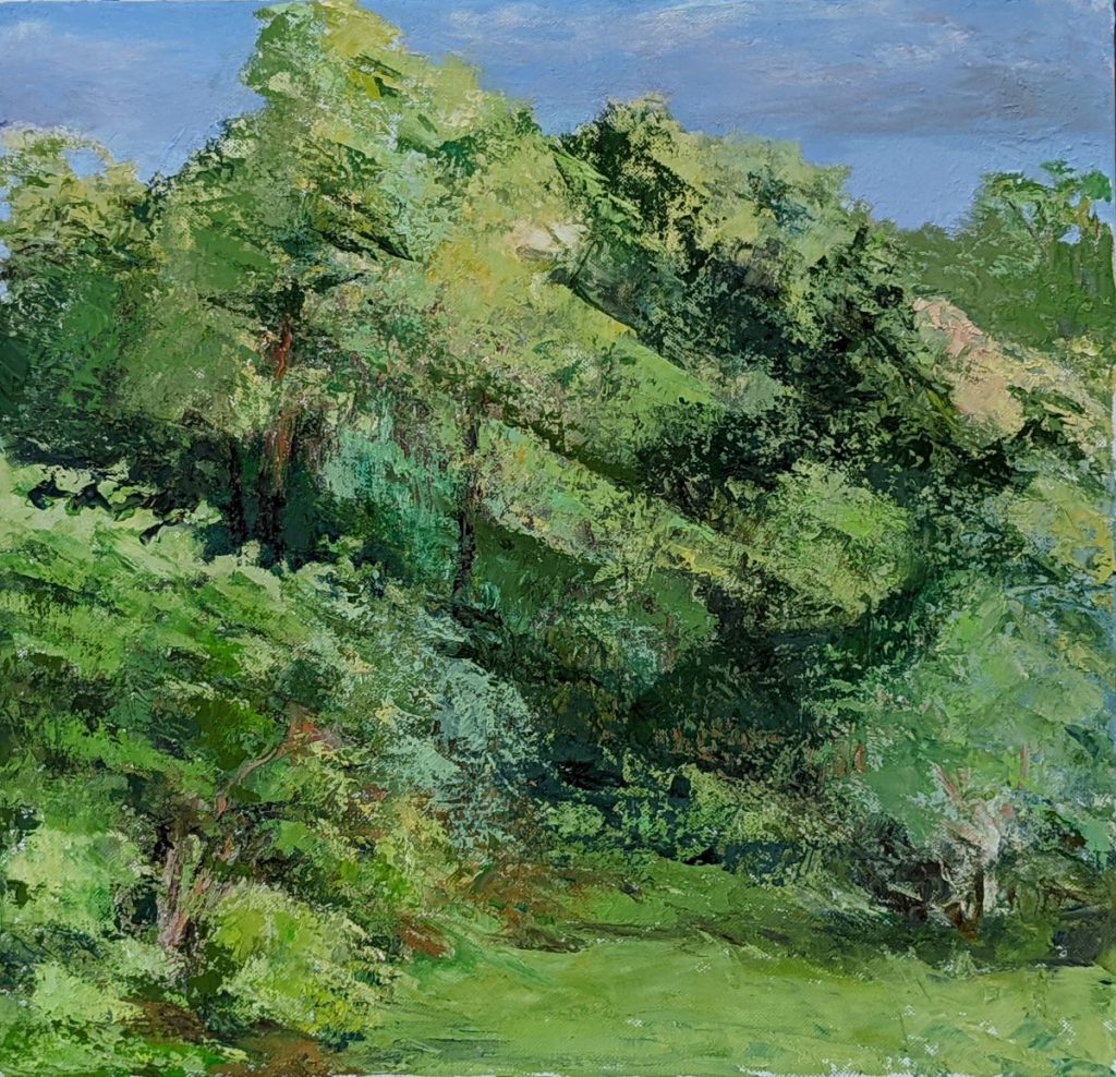 Diana Ozolins • <em>Ailanthus in Early Morning Light</em> • Oil on canvas • 18″×18″ • $700.00