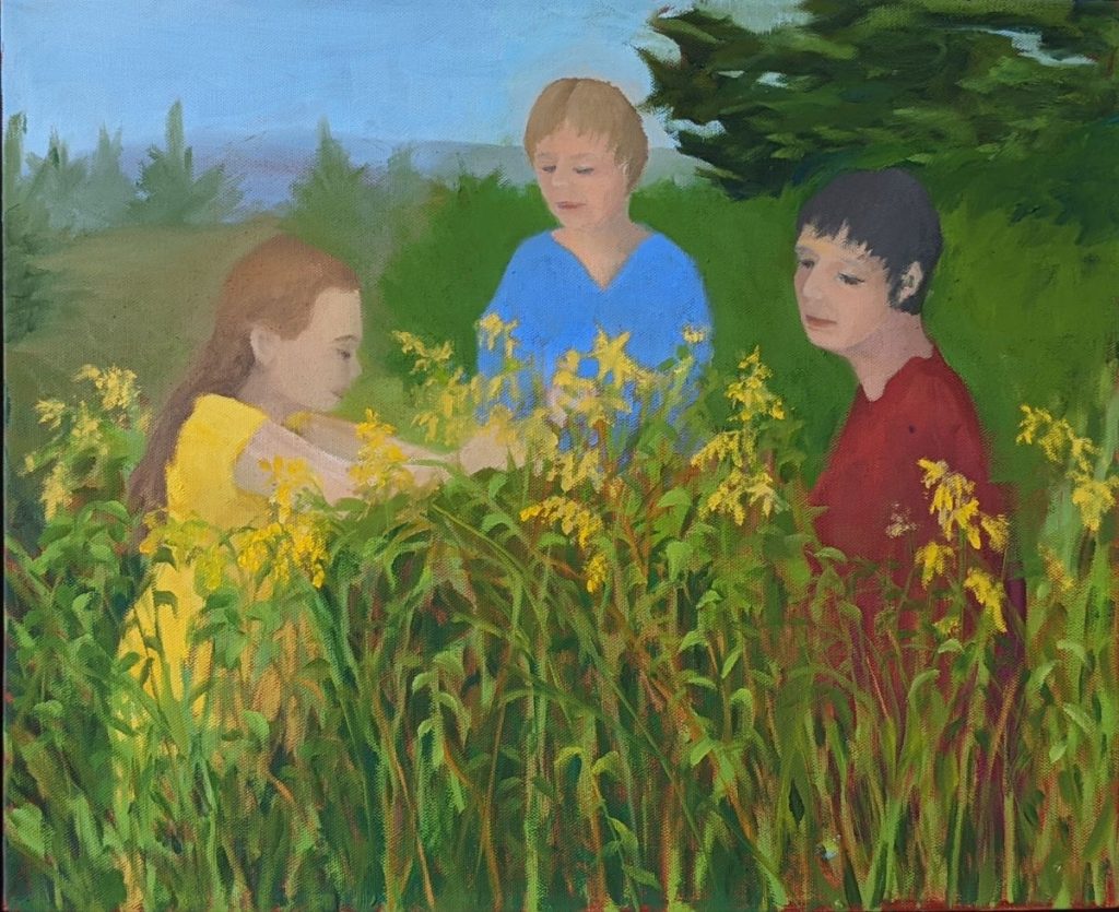 Diana Ozolins • <em>Three Friends and a bug in Goldenrod</em> • Oil on canvas • 20″×16″ • $600.00<a class="purchase" href="https://state-of-the-art-gallery.square.site/product/diana-ozolins-three-friends-and-a-bug-in-goldenrod/1151" target="_blank">Buy</a>