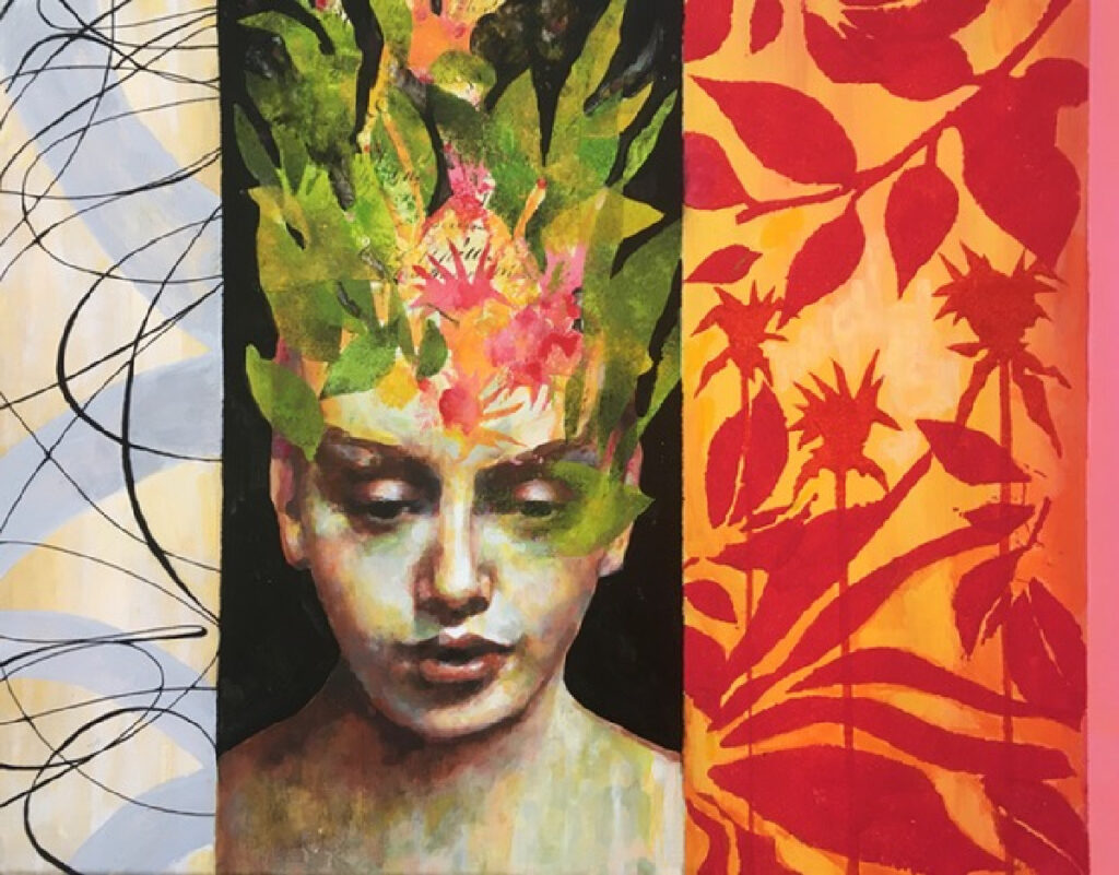Carol Spence • <em>Growing Season</em> • Mixed media: painting, acrylic, collage, pen • 20″×16″ • $400.00
