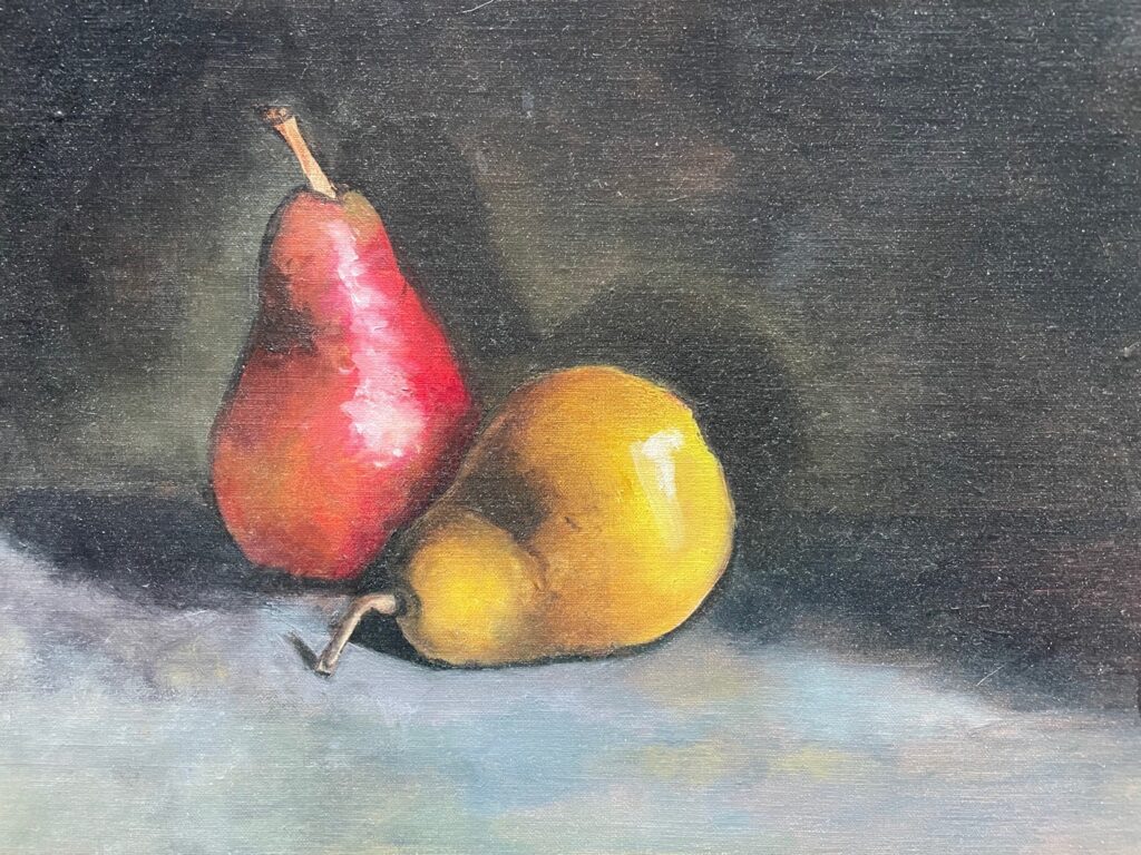 Patricia Hunsinger • <em>Deux Poires</em> • Oil on canvas • 12″×9″ • $200.00<a class="purchase" href="https://state-of-the-art-gallery.square.site/product/patricia-hunsinger-deux-poires/1290" target="_blank">Buy</a>