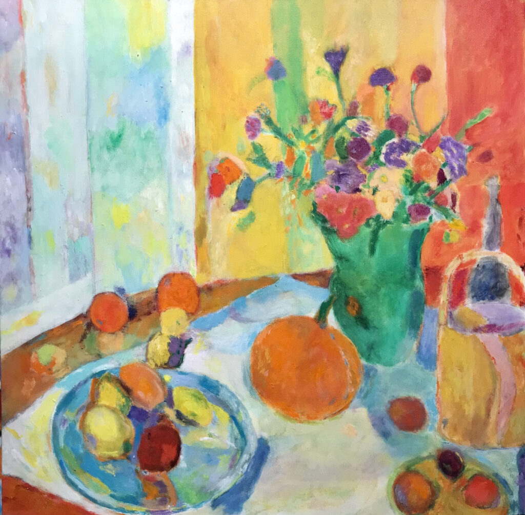 Vincent Joseph • <em>White Tablecloth and Pumpkin </em> • Acrylic • 24″×24″ • $900.00