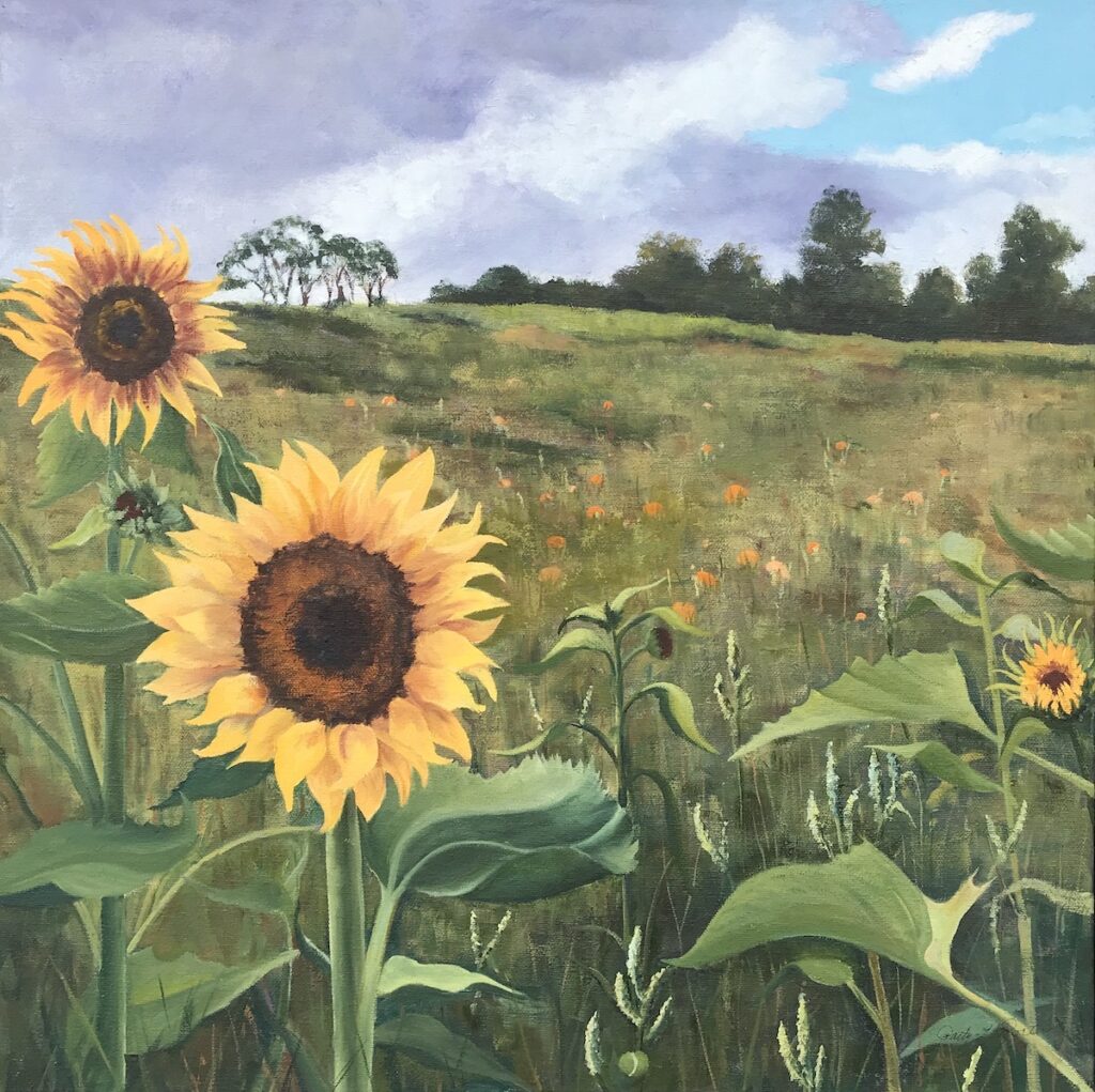 Patty L Porter • <em>Sunflowers From Hayts Road</em> • Oil on canvas • 21½″×21½″ • $750.00<a class="purchase" href="https://state-of-the-art-gallery.square.site/product/patty-l-porter-sunflowers-from-hayts-road/1372" target="_blank">Buy</a>