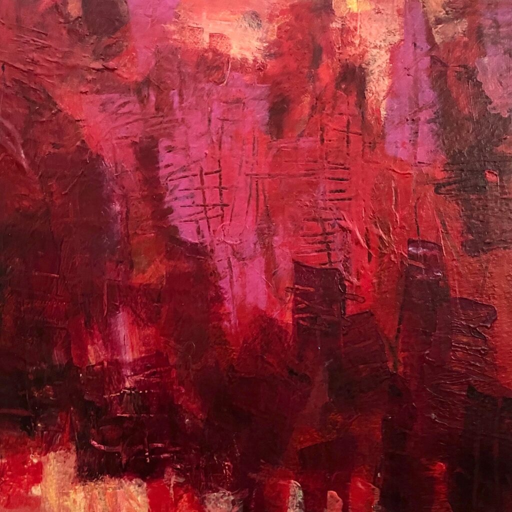 Patricia Brown • <em>Passages 11d, Red Heat</em> • Acrylic paint on paper mounted on wood panel • 8″×8″×2022″ • $195.00