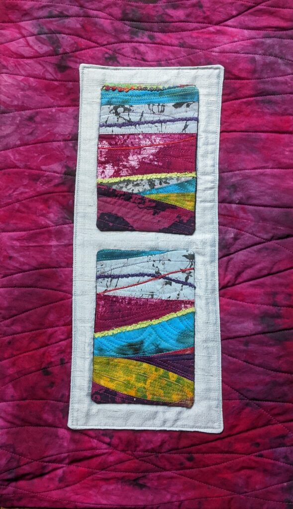 Barbara Behrmann • <em>Distant Horizons</em> • Artist-dyed fabric, dupioni silk, decorative fibers • 12″×20½″ • $235.00