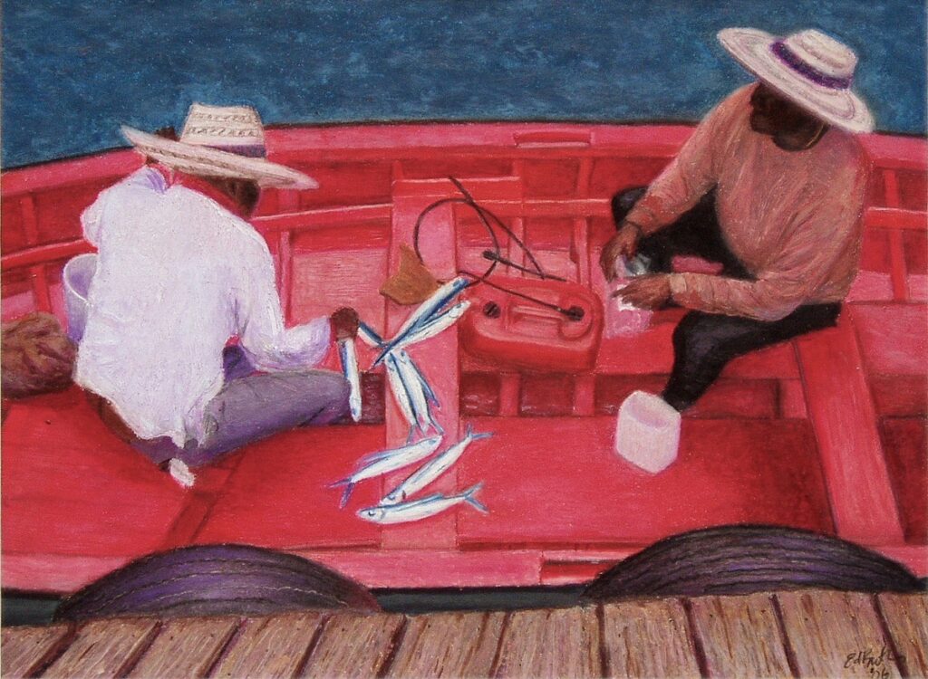 Ed Brothers • <em>Red Boat</em> • Oil pastel, framed • 16″×13″ • NFS