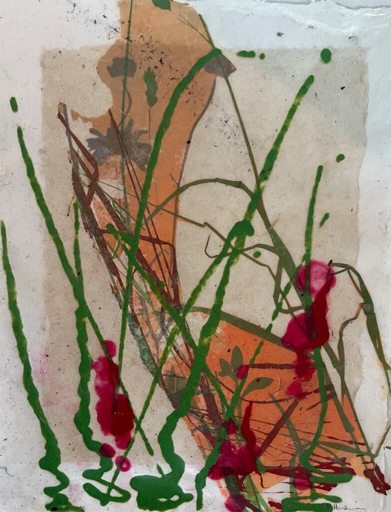 Patricia Hunsinger • <em>Daisy by the River</em> • Handmade paper, silkscreen, pulp paint, encaustic • 11″×14″ • $50.00