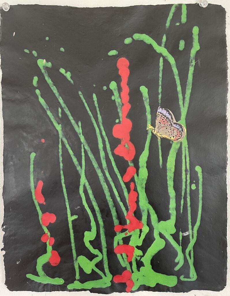 Patricia Hunsinger • <em>Invasive Purple Loosestrife I.</em> • Handmade paper, silkscreen, pulp paint, encaustic • 11″×14″ • $50.00