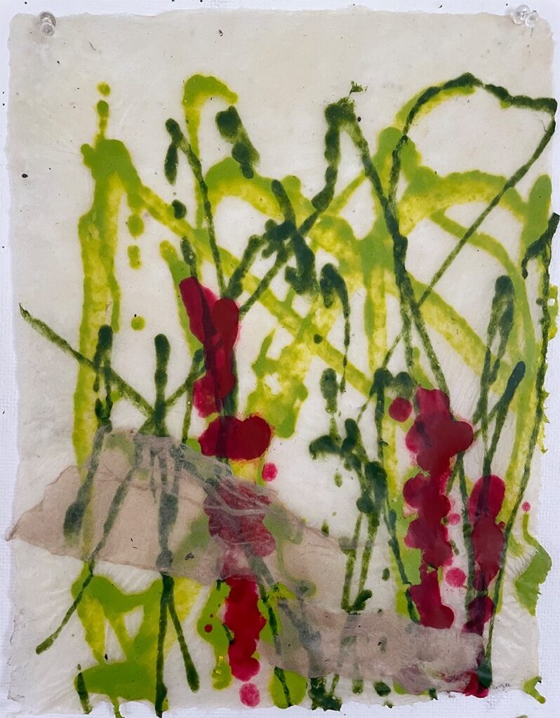 Patricia Hunsinger • <em>Invasive Purple Loosestrife II.</em> • Handmade paper, pulp paint, encaustic • 11″×14″ • $50.00