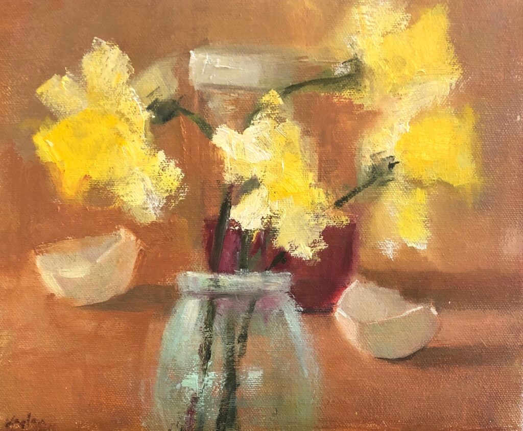 Ileen Kaplan • <em>Daffodils and Eggshells</em> • Oil on canvas • 10″×8″ • $75.00
