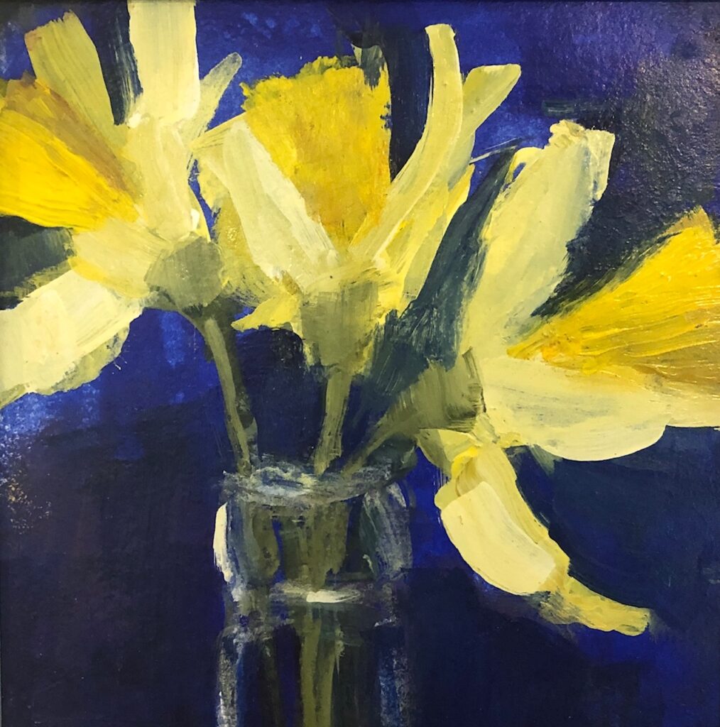 Ileen Kaplan • <em>Daffodils on Blue</em> • Oil on paper • 6″×6″ • $50.00