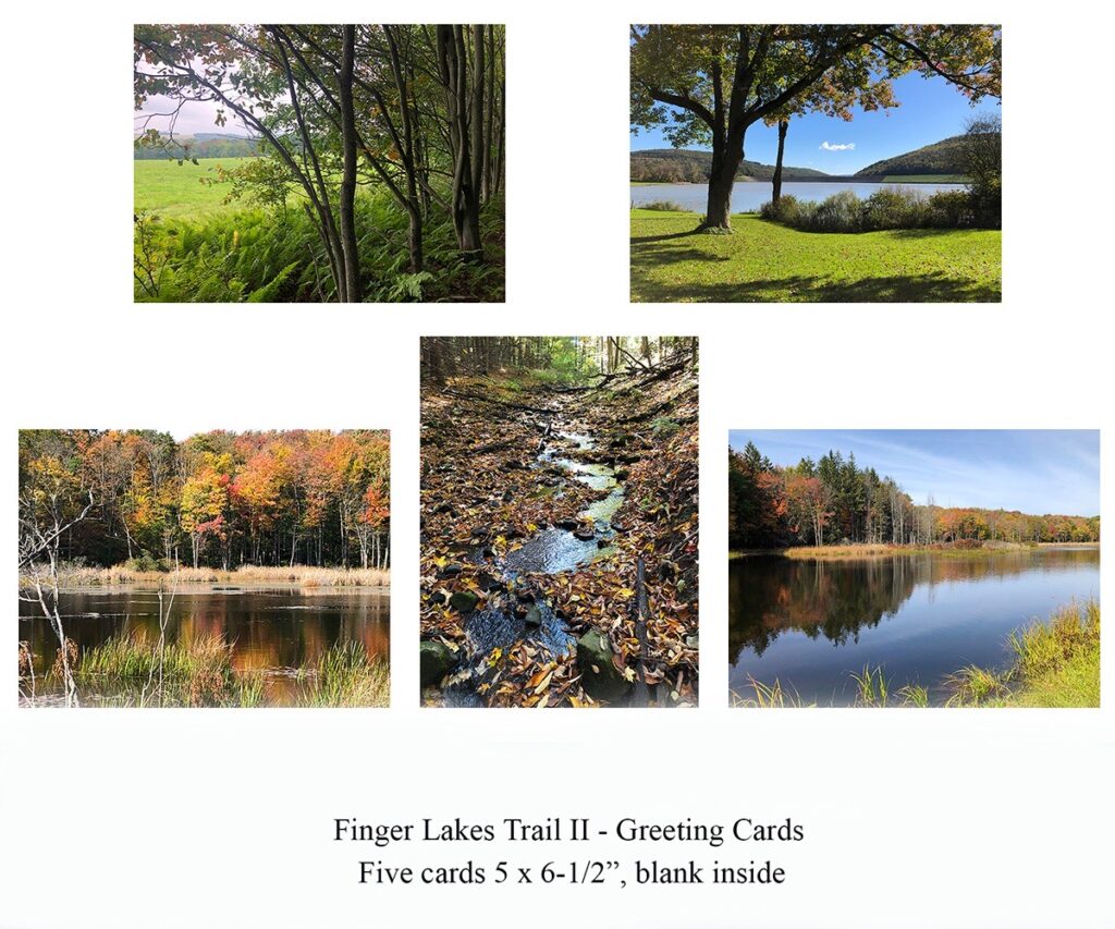 Eva M. Capobianco • <em>Finger Lakes Trail Greeting Cards II</em> • Set of (5) cards, blank inside • 5″×6½″ • $20.00