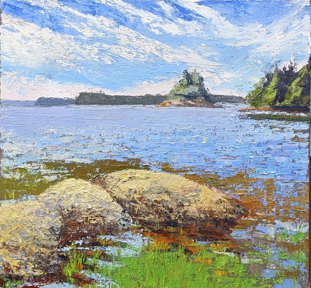 Diana Ozolins • <em>Tide Going Out at Wolf Head ME</em> • Oil on canvas • 13″×12″ • $75.00