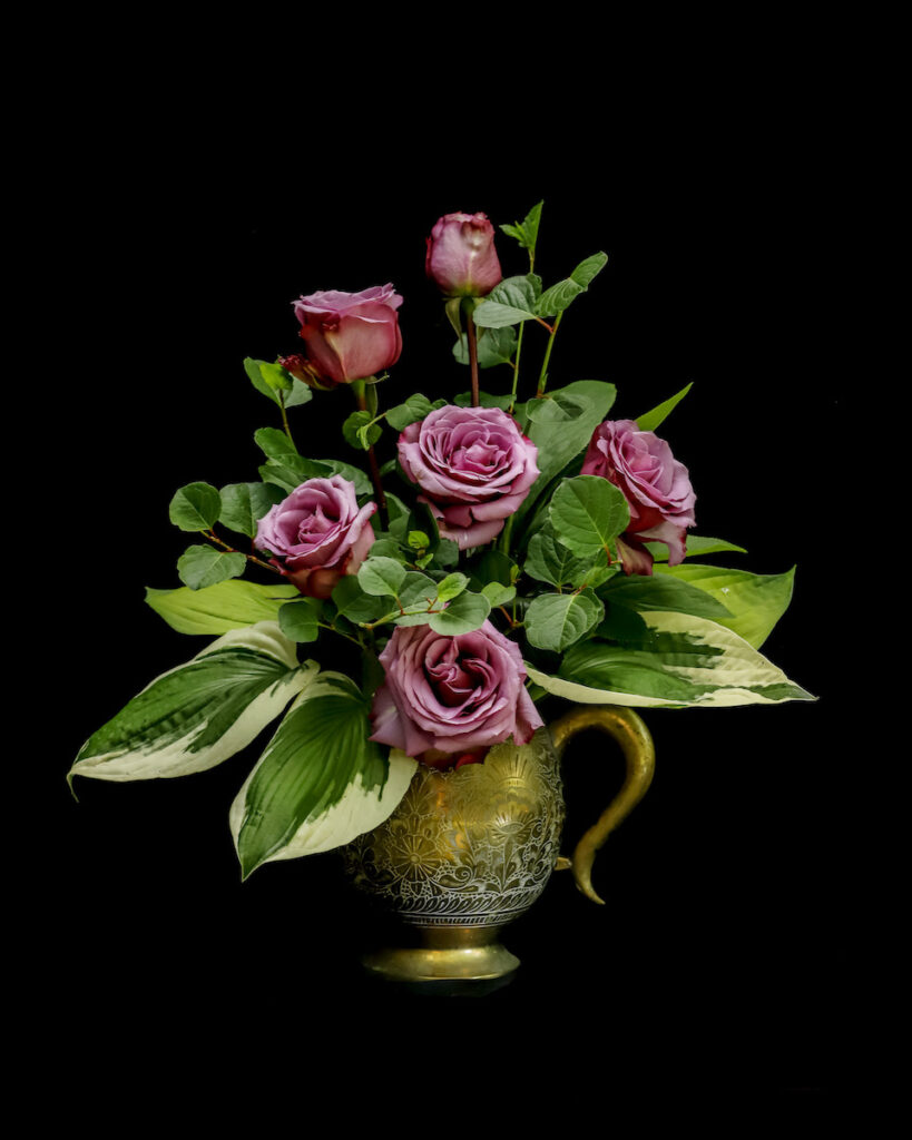 Nancy V. Ridenour • <em>Bronze Vase and Mauve Roses</em> • Digital print on canvas • 16″×20″ • $150.00