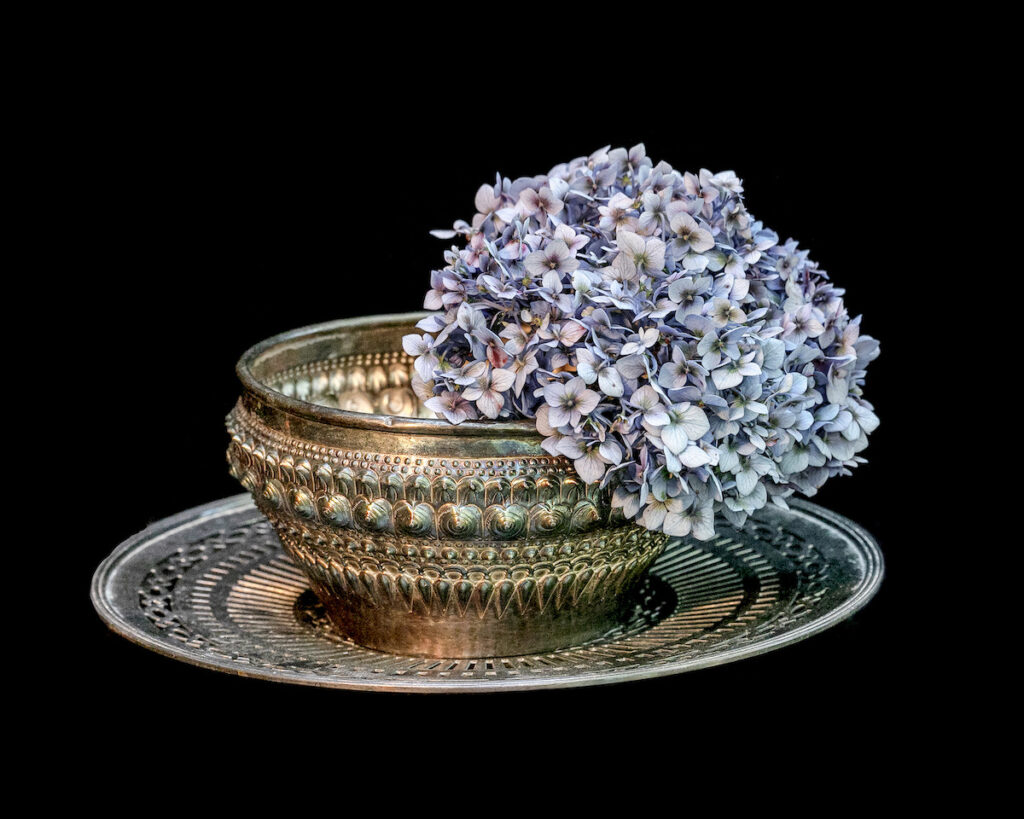 Nancy V. Ridenour • <em>Lao Ceremonial Bowl and Blue Hydrangea</em> • Digital print on canvas • 20″×16″ • $150.00