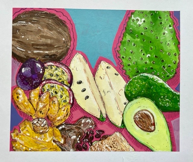 Delaney Lemberg • <em>Cultural Food of Puerto Rico</em> • Paper, pens, and paint • 9″×8″ • NFS 