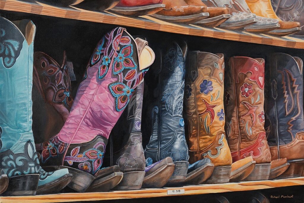 <span class="award_name">Honorable Mention</span>Richard Marchant • <em>Boots</em> • Oil on canvas • 24″×36″ • NFS