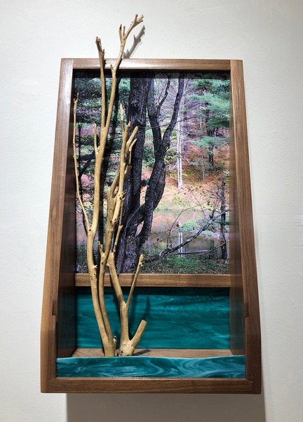 Eva M. Capobianco • <em>Map 13 - Pond, Trees and Green Glass</em> • Mixed media • 12″×22″×5″ • $475.00<a class="purchase" href="https://state-of-the-art-gallery.square.site/product/eva-m-capobianco-map-13-pond-trees-and-green-glass/1807" target="_blank">Buy</a>