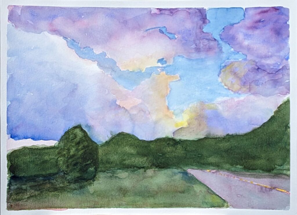 Diana Ozolins • <em>On The Way Home from Hamilton NY</em> • Watercolor on Canson 140 lb paper • 12″×9″ • $200.00<a class="purchase" href="https://state-of-the-art-gallery.square.site/product/diana-ozolins-on-the-way-home-from-hamilton-ny/1812" target="_blank">Buy</a>